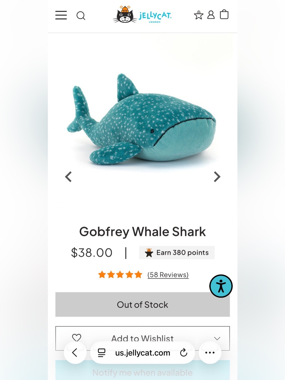 Jellycat Gobfrey Whale Shark